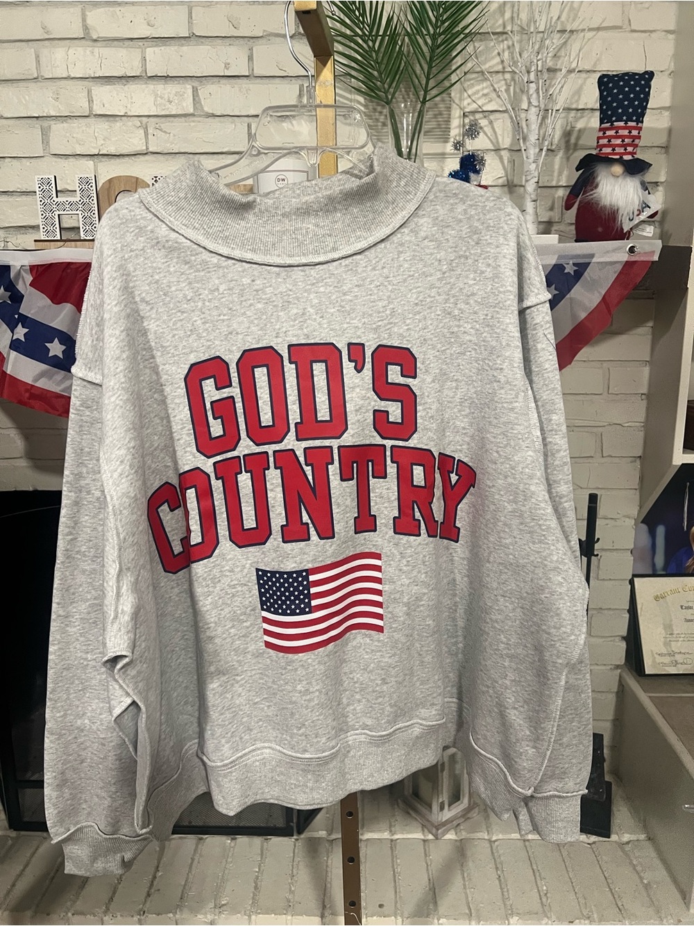 BUCKETLIST Reversible Gray Crewneck with Red "GOD'S COUNTRY" Graphic